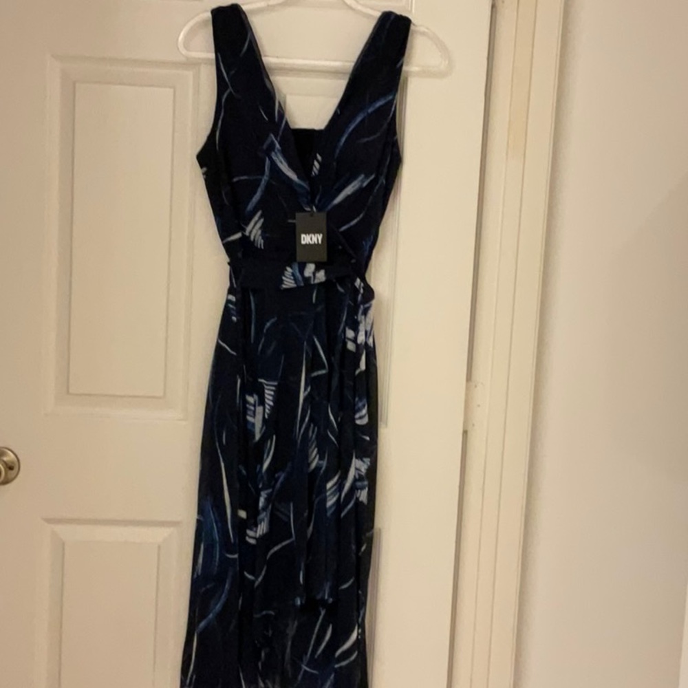 DKNY Blue/Black Wrap Sundress Sleeveless V-neck! High-Low Hemline!